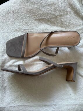 Faryl Taupe Strappy Square-Toe Mid Heel Sandals